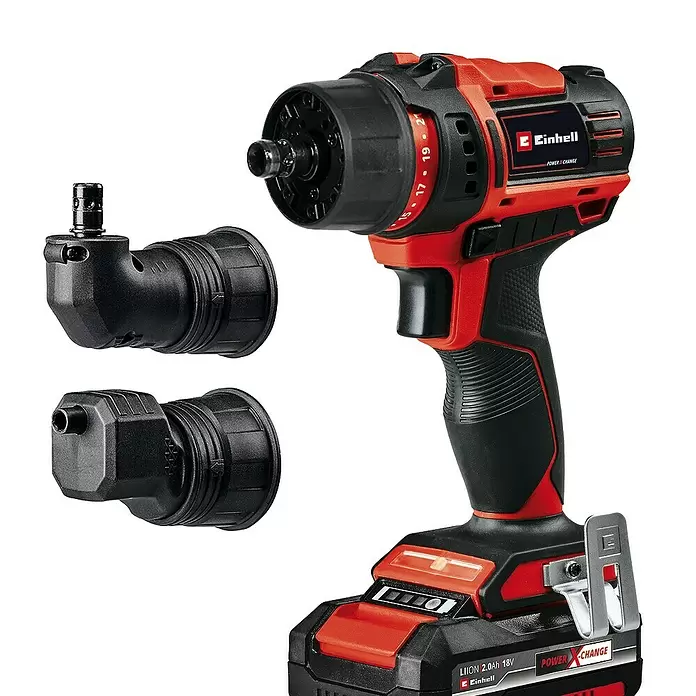 Einhell PXC 18V Taladro atornillador de batería TE-CD 18/45 3X-Li - 18 V, 1 batería, 2 Ah - Atornillador inalámbrico rojo y negro con dos adaptadores angulares intercambiables.
