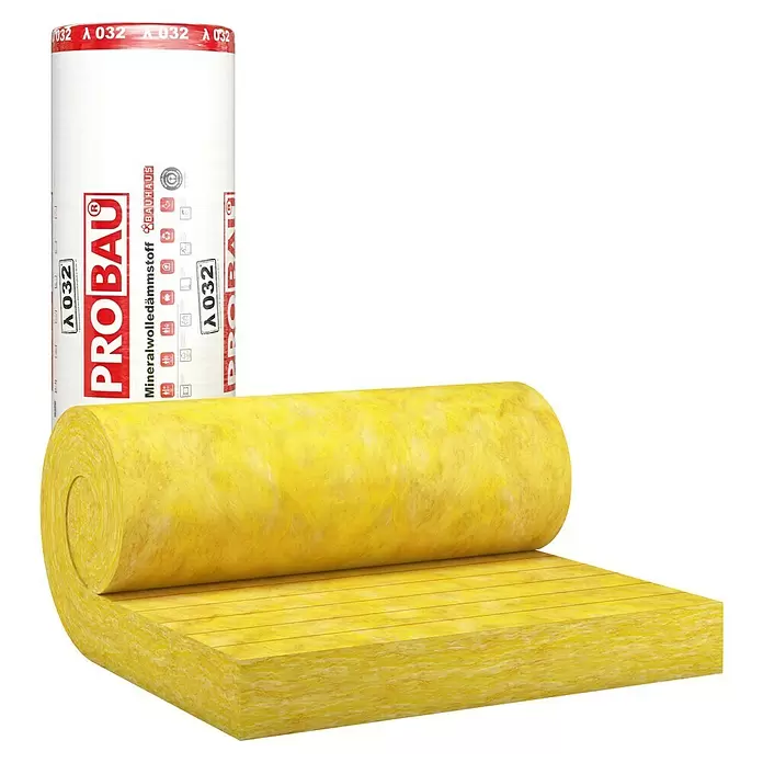 Probau Glaswolle Spannfilz SF 32 - Stärke: 240 mm, Wärmeleitfähigkeit: 0,032 W/(mK) - Gelbe Mineralwolle-Dämmrolle, teilweise abgerollt, mit verpackter Rolle.