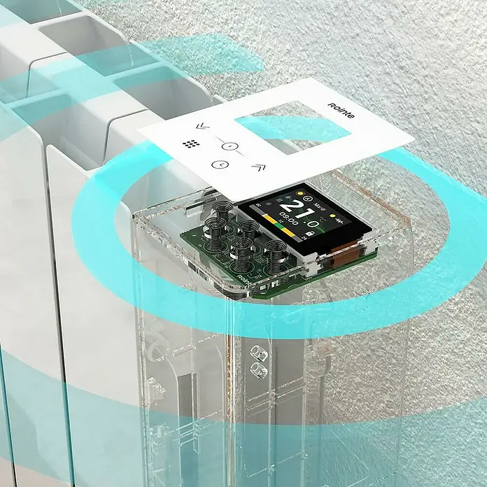 Rointe Emisor térmico Belize WiFi - 1.540 W, Blanco, 9,5 x 122 x 57,5 cm, Fluido - Esta imagen muestra un termostato de radiador Rointe. El control es moderno y digital, mostrando una temperatura de 21 grados.