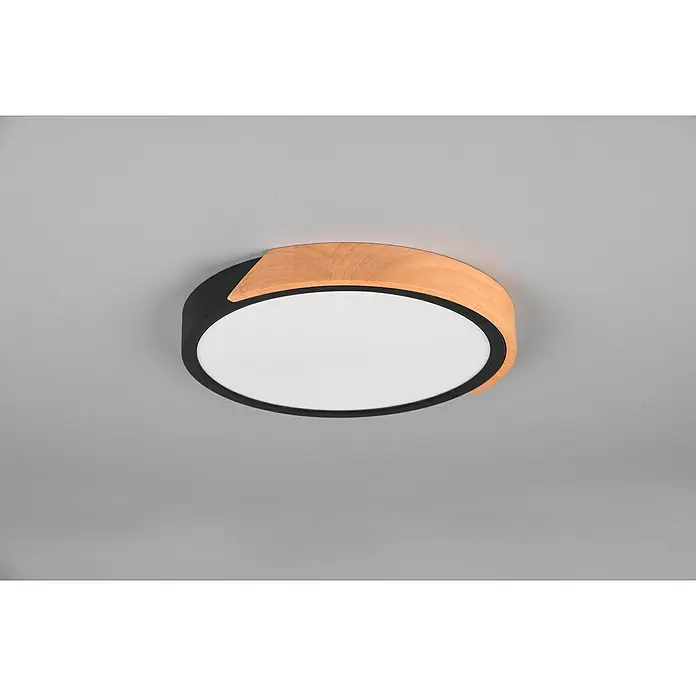 Reality Leuchten LED-Deckenleuchte rund - 20 W, Ø x H: 31,5 x 3,5 cm, Schwarz matt, Warmweiß - Eine runde Deckenleuchte mit einem schwarzen Rahmen und einem hellen Holzakzent, die modernes Design und natürliche Elemente verbindet.
