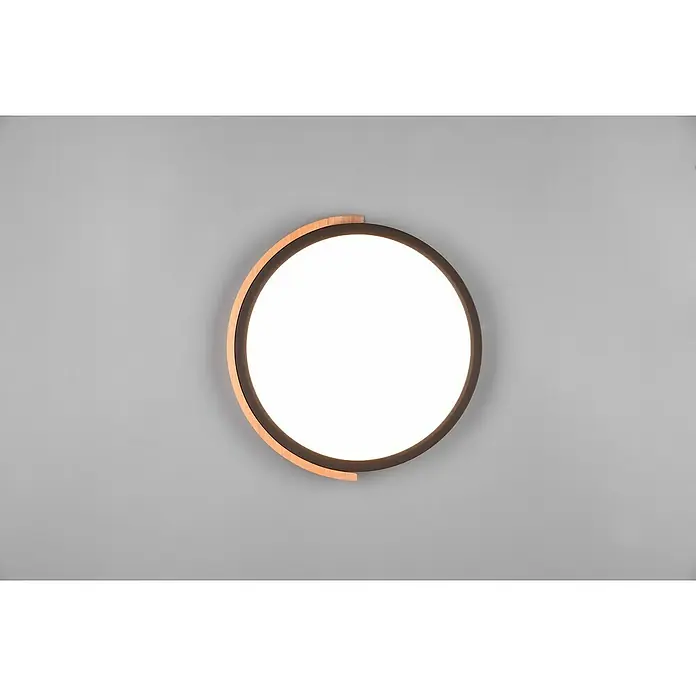 Reality Leuchten LED-Deckenleuchte rund - 20 W, Ø x H: 31,5 x 3,5 cm, Schwarz matt, Warmweiß - Eine moderne Deckenleuchte mit einem runden Design, das Holz und Schwarz kombiniert und ein helles, diffuses Licht spendet. Perfekt für stilvolle Innenräume.