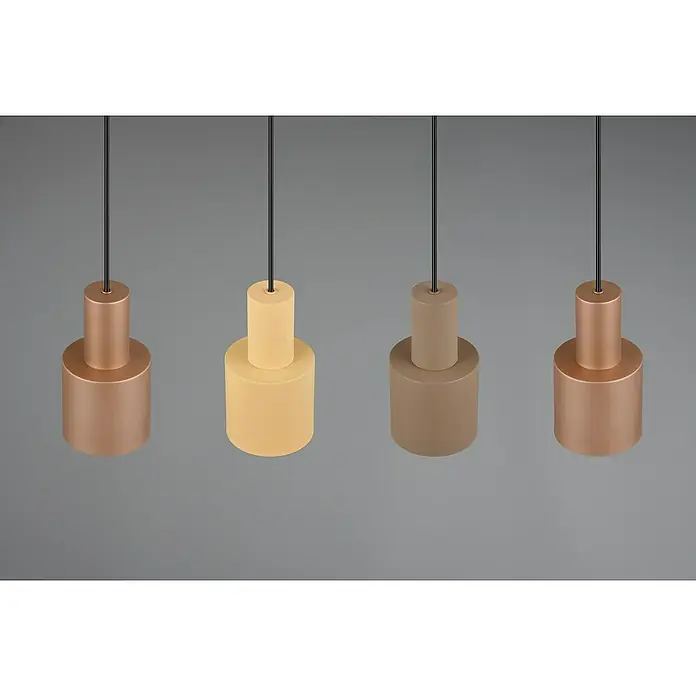 Trio Leuchten Agudo Pendelleuchte - 160 W, L x B x H: 12 x 87 x 150 cm, Multicolor, E27, 4 Stk. - Vier moderne Pendelleuchten in verschiedenen Farben hängen von der Decke und sorgen für eine stilvolle Beleuchtung im Raum.
