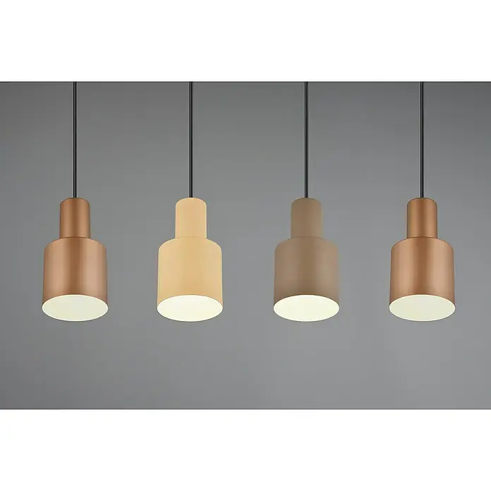 Trio Leuchten Agudo Pendelleuchte - 160 W, L x B x H: 12 x 87 x 150 cm, Multicolor, E27, 4 Stk. - Nahaufnahme von vier modernen Pendelleuchten in verschiedenen Farben, die von der Decke hängen und warmes Licht ausstrahlen.