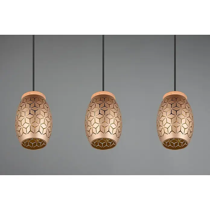 Reality Leuchten Bidar Pendelleuchte - 28 W, L x B x H: 15 x 71 x 150 cm, Coffee, E27 - Drei dekorative Hängeleuchten aus Metall mit einem geometrischen Muster und Holzakzenten vor einem neutralen Hintergrund.
