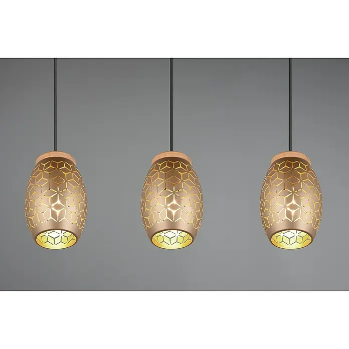 Reality Leuchten Bidar Pendelleuchte - 28 W, L x B x H: 15 x 71 x 150 cm, Coffee, E27 - Nahaufnahme von drei dekorativen Hängelampen mit goldenem geometrischem Muster und Holzdetails.