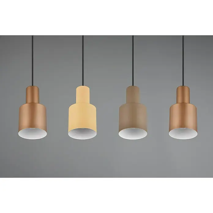 Trio Leuchten Agudo Pendelleuchte - 160 W, L x B x H: 12 x 87 x 150 cm, Multicolor, E27, 4 Stk. - Vier moderne Pendelleuchten in verschiedenen Farben (Kupfer, Gelb und Braun) mit zylindrischen Lampenschirmen und schwarzer Aufhängung.