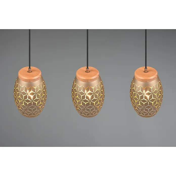 Reality Leuchten Bidar Pendelleuchte - 28 W, L x B x H: 15 x 71 x 150 cm, Coffee, E27 - Drei dekorative Pendelleuchten mit einem floralen Muster und Holzdetails, die warmes Licht verbreiten und eine gemütliche Atmosphäre schaffen.