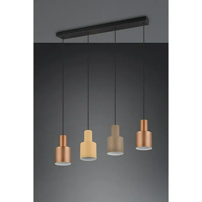 Trio Leuchten Agudo Pendelleuchte - 160 W, L x B x H: 12 x 87 x 150 cm, Multicolor, E27, 4 Stk. - Modern designte Hängeleuchte mit vier Lampen in Kupfer- und Erdtönen, die ein warmes, einladendes Licht spenden.