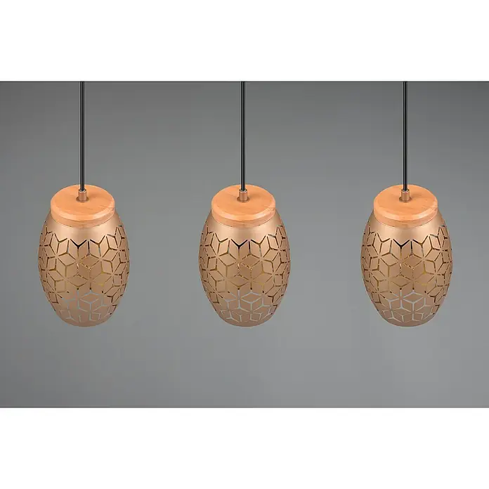 Reality Leuchten Bidar Pendelleuchte - 28 W, L x B x H: 15 x 71 x 150 cm, Coffee, E27 - Drei dekorative Pendelleuchten mit kupferfarbenen, durchbrochenen Lampenschirmen und Holzdetails vor grauem Hintergrund.