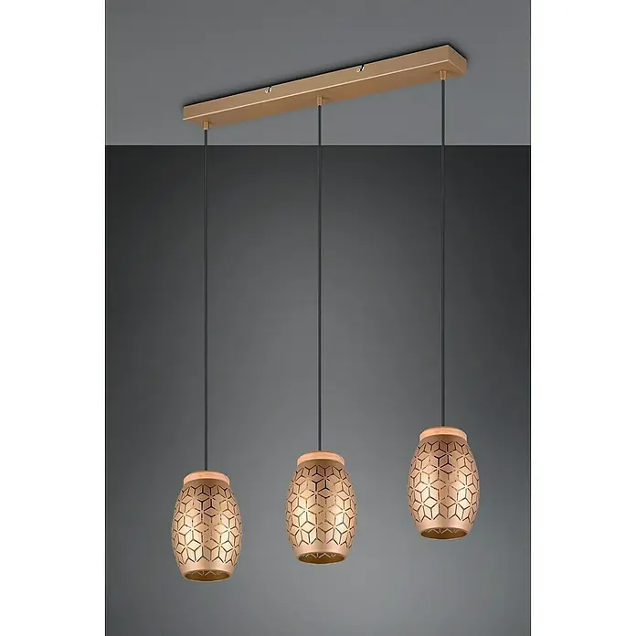 Reality Leuchten Bidar Pendelleuchte - 28 W, L x B x H: 15 x 71 x 150 cm, Coffee, E27 - Elegante Pendelleuchte mit drei goldenen Lampenschirmen mit Sternmuster, die ein warmes Licht verbreiten. Ideal für Esszimmer oder Wohnbereiche.
