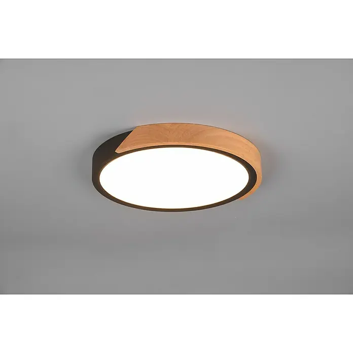 Reality Leuchten LED-Deckenleuchte rund - 20 W, Ø x H: 31,5 x 3,5 cm, Schwarz matt, Warmweiß - Moderne Deckenleuchte in Grau mit Holzdetails und integriertem LED-Licht. Diese Leuchte sorgt für eine angenehme und moderne Beleuchtung.