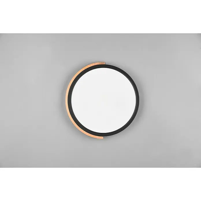 Reality Leuchten LED-Deckenleuchte rund - 20 W, Ø x H: 31,5 x 3,5 cm, Schwarz matt, Warmweiß - Runde Deckenleuchte mit Holzdetail und schwarzem Rand, die eine moderne und stilvolle Beleuchtungslösung für jeden Raum bietet.