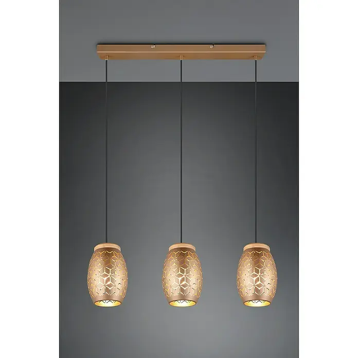 Reality Leuchten Bidar Pendelleuchte - 28 W, L x B x H: 15 x 71 x 150 cm, Coffee, E27 - Moderne Pendelleuchte mit drei goldfarbenen Lampenschirmen und dekorativem geometrischen Muster für stilvolle Beleuchtung.