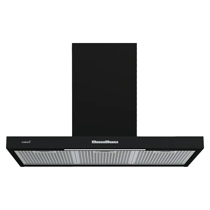 Cata Campana de pared Sygma 9010 BK - Ancho: 90 cm, Máx. Potencia del ventilador en modo extracción: 800 m³/h, Negro - Imagen de una campana extractora Cata negra, diseñada para una extracción eficaz de los humos de la cocina, con un diseño moderno y controles sencillos.