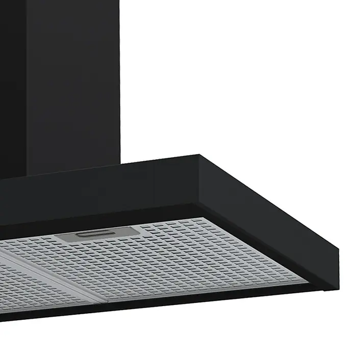Cata Campana de pared Sygma 9010 BK - Ancho: 90 cm, Máx. Potencia del ventilador en modo extracción: 800 m³/h, Negro - Primer plano de una campana extractora negra moderna con un filtro de color claro. Ideal para una cocina elegante.