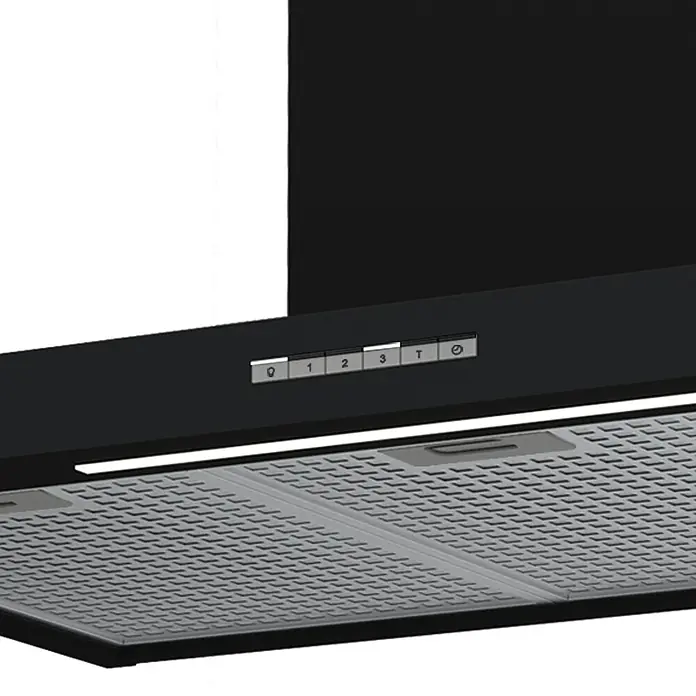 Cata Campana de pared Sygma 9010 BK - Ancho: 90 cm, Máx. Potencia del ventilador en modo extracción: 800 m³/h, Negro - Primer plano de una campana extractora negra con panel de control y filtro.