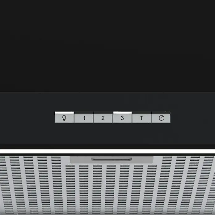 Cata Campana de pared Sygma 9010 BK - Ancho: 90 cm, Máx. Potencia del ventilador en modo extracción: 800 m³/h, Negro - Primer plano del panel de control de una campana extractora con varios ajustes de velocidad y función de temporizador.