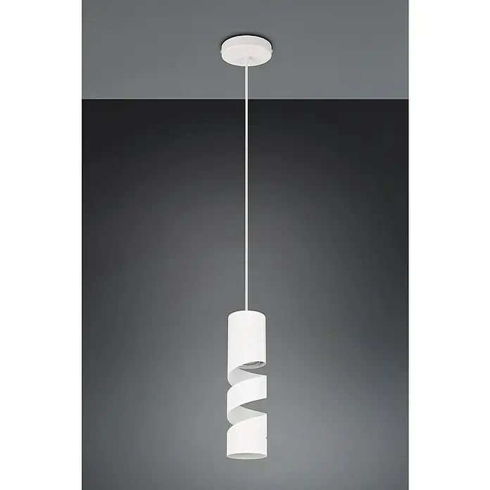 Trio Leuchten Stream Pendelleuchte - 10 W, Ø x H: 12 x 150 cm, Weiß matt, GU10 - Nahaufnahme einer modernen weißen Pendelleuchte mit einem spiralförmigen Design vor einem neutralen Hintergrund.