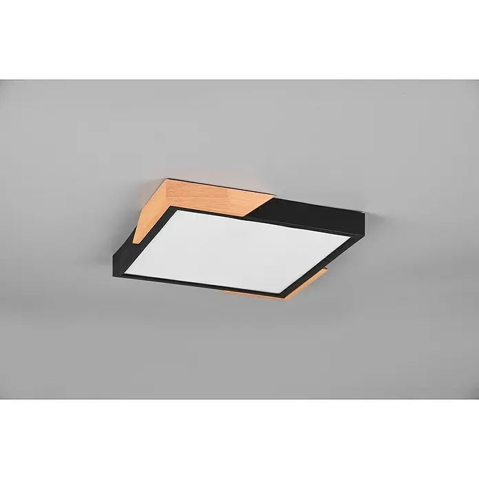 Reality Leuchten LED-Deckenleuchte Meta - 20 W, L x B x H: 31,5 x 31,5 x 3,5 cm, Schwarz matt, Warmweiß - Moderne Deckenleuchte mit quadratischem Design, Holzdetails und schwarzem Rahmen für stilvolle Beleuchtung in jedem Raum.
