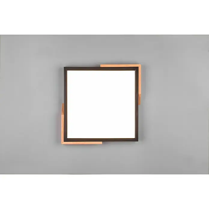 Reality Leuchten LED-Deckenleuchte Meta - 20 W, L x B x H: 31,5 x 31,5 x 3,5 cm, Schwarz matt, Warmweiß - Quadratische Deckenleuchte mit braunem Rahmen und hellen Holzdetails für eine moderne Raumbeleuchtung und stilvolles Ambiente.