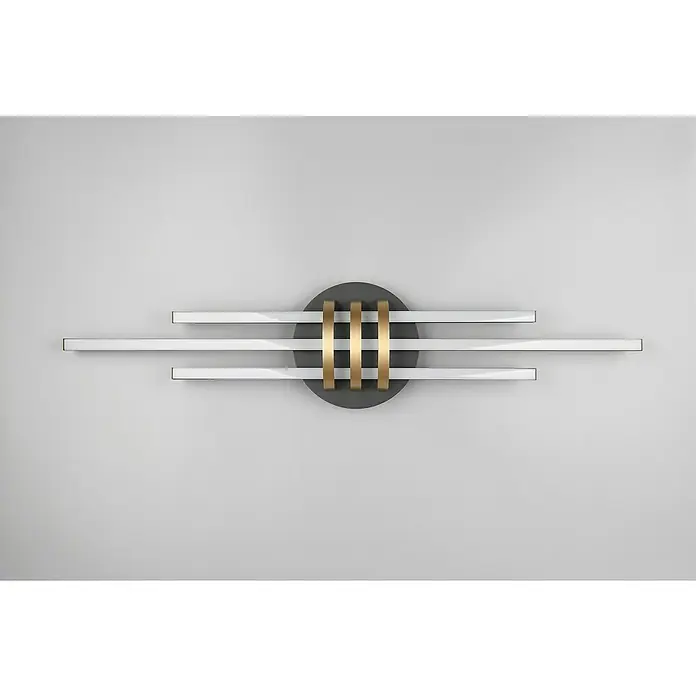 Reality Leuchten LED-Deckenleuchte Cinto - 20 W, L x B x H: 18 x 81 x 10,5 cm, Warmweiß - Wandleuchte mit einem modernen Design, das graue Kreise, goldene und silberne Stäbe kombiniert und eine elegante und stilvolle Atmosphäre schafft.
