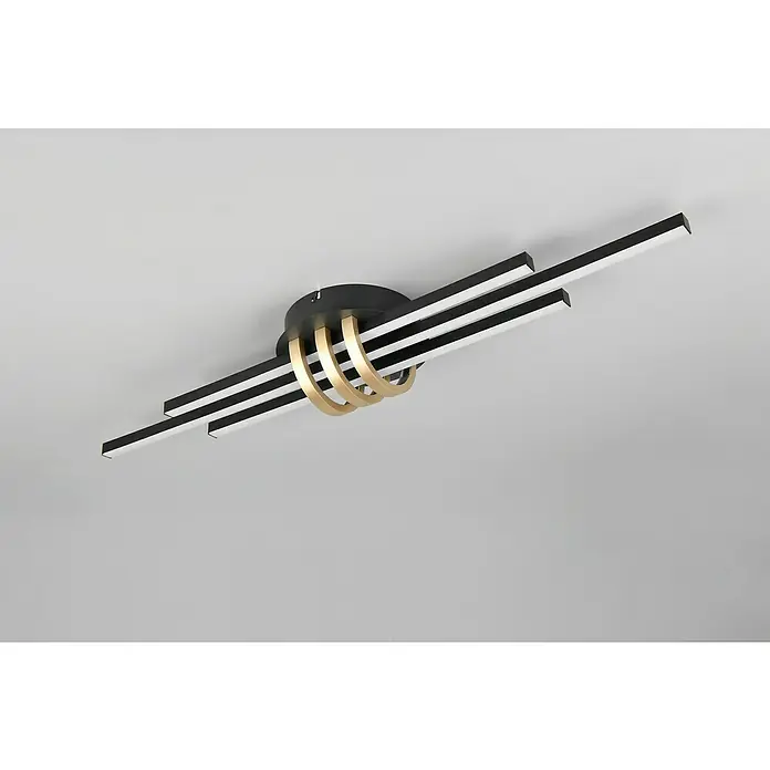 Reality Leuchten LED-Deckenleuchte Cinto - 20 W, L x B x H: 18 x 81 x 10,5 cm, Warmweiß - Moderne Deckenleuchte mit schwarzem Rahmen, LED-Streifen und goldenen Ringen für stilvolle Beleuchtung.