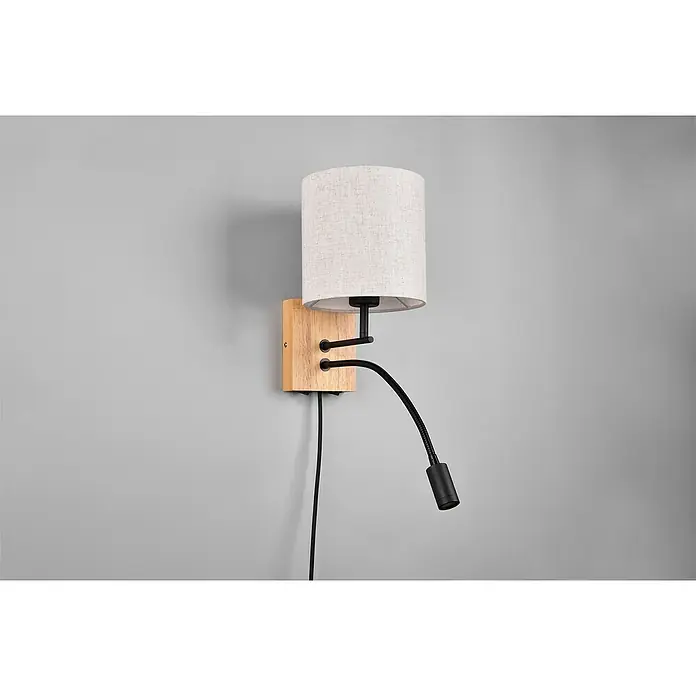 Trio Leuchten Wandleuchte Nilam - 28 W, L x B x H: 38 x 18 x 30 cm, Braun naturbelassen, E27 - Wandleuchte mit Stoffschirm und flexiblem Lesearm. Die Lampe hat eine Holzhalterung und ein modernes Design.