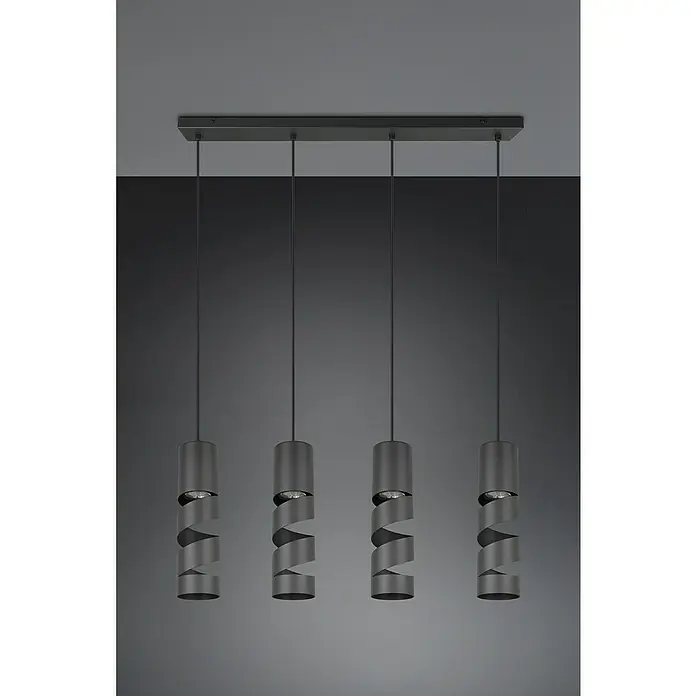 Trio Leuchten Stream Pendelleuchte - 40 W, L x B x H: 9 x 80 x 150 cm, Schwarz matt, GU10 - Vier moderne, spiralförmige Pendelleuchten in Schwarz hängen von einer rechteckigen Deckenplatte und strahlen helles Licht.