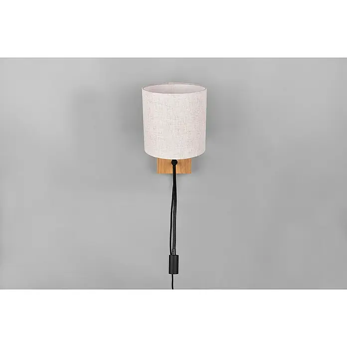 Trio Leuchten Wandleuchte Nilam - 28 W, L x B x H: 38 x 18 x 30 cm, Braun naturbelassen, E27 - Eine moderne Wandlampe mit einem zylindrischen Stoffschirm und einem Holzsockel, die ein elegantes und minimalistisches Design zeigt.