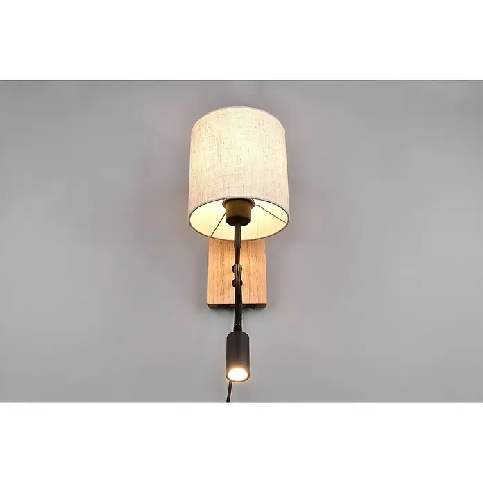 Trio Leuchten Wandleuchte Nilam - 28 W, L x B x H: 38 x 18 x 30 cm, Braun naturbelassen, E27 - Wandleuchte mit hellem Lampenschirm und zwei Leuchtquellen. Die Lampe ist an einem Holzbrett an der Wand befestigt.