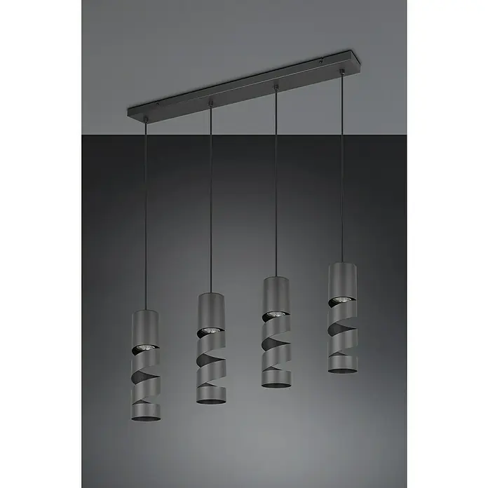 Trio Lighting Stream Lámpara colgante - 40 W, L x An x Al: 9 x 80 x 150 cm, Negro, GU10 - Primer plano de una lámpara colgante negra moderna con cuatro luces cortadas en espiral, creando un ambiente elegante.