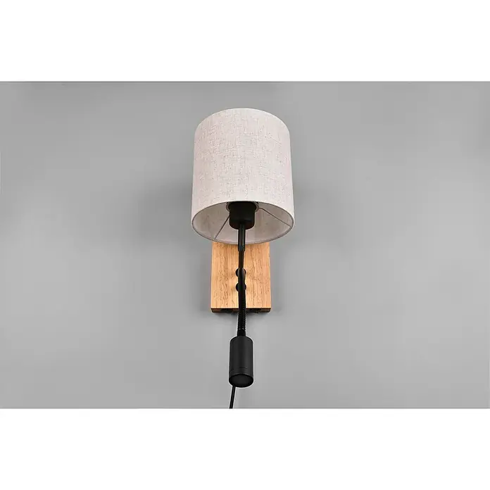 Trio Leuchten Wandleuchte Nilam - 28 W, L x B x H: 38 x 18 x 30 cm, Braun naturbelassen, E27 - Eine elegante Wandleuchte mit einem zylindrischen Lampenschirm und einem hölzernen Befestigungselement, ideal für stilvolle Innenräume.