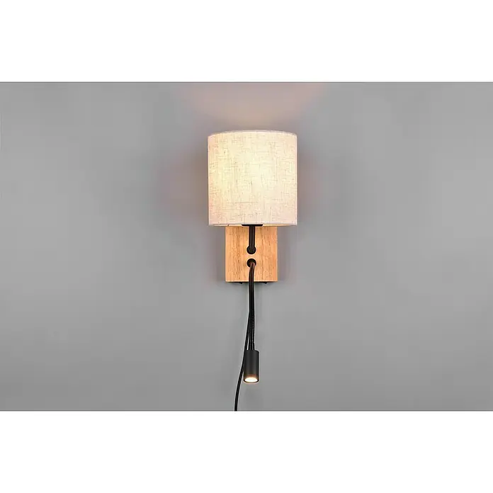 Trio Leuchten Wandleuchte Nilam - 28 W, L x B x H: 38 x 18 x 30 cm, Braun naturbelassen, E27 - Wandleuchte mit zylindrischem Lampenschirm und flexiblem Leselicht. Die Lampe hat eine Halterung aus hellem Holz und ein modernes Design.