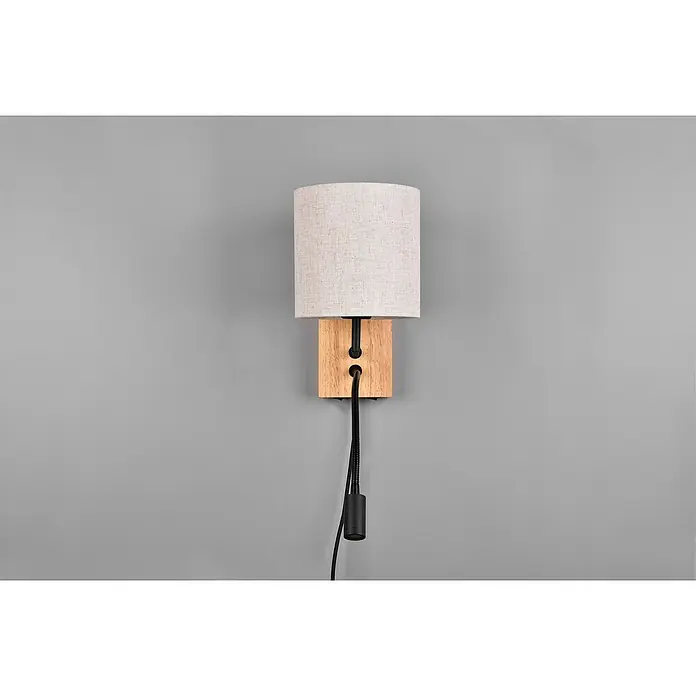 Trio Leuchten Wandleuchte Nilam - 28 W, L x B x H: 38 x 18 x 30 cm, Braun naturbelassen, E27 - Nahaufnahme einer stilvollen Wandlampe mit einem hellen Lampenschirm und einem Holzsockel an einer grauen Wand.