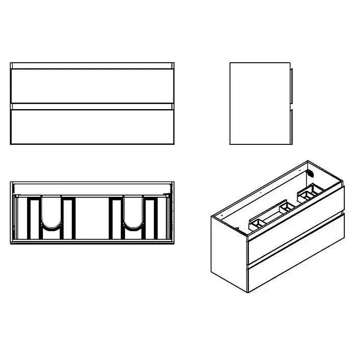 Camargue Espacio Waschtischunterschrank - 120 x 46 x 60 cm, 2 Schubkästen, Gama anthrazit matt - Produktdiagramm eines modernen Badezimmerschranks mit Schubladen und offenem Fach für Waschbecken, dargestellt aus verschiedenen Perspektiven.