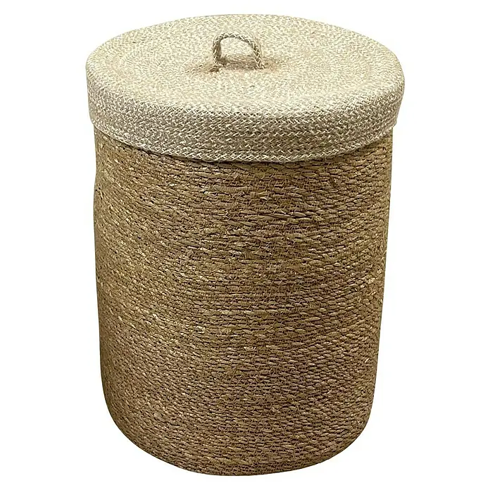 Wäschesammler Cover M - Ø x H: 32 x 42 cm, Natur/Weiß - Nahaufnahme eines runden Wäschekorbs aus Naturfasern mit Deckel, ideal zur Aufbewahrung.