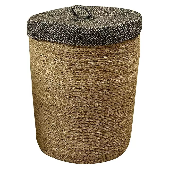 Wäschesammler Cover L - Ø x H: 38 x 48 cm, Natur/Schwarz - Runde Aufbewahrungsbox mit hellem Naturgeflecht und dunkelgrauem Deckel mit Schlaufengriff.