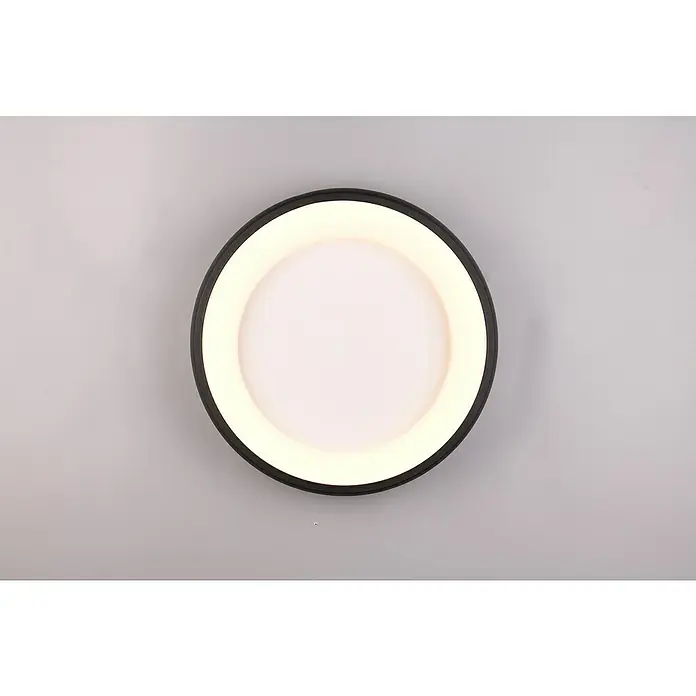 Trio Leuchten LED-Deckenleuchte rund Cardona - 29 W, Ø x H: 46,5 x 10 cm, Schwarz matt, Warmweiß - Nahaufnahme einer runden, schwarzen LED-Deckenleuchte mit einem hellen, kreisförmigen Licht in der Mitte. Elegantes Design für moderne Innenräume.