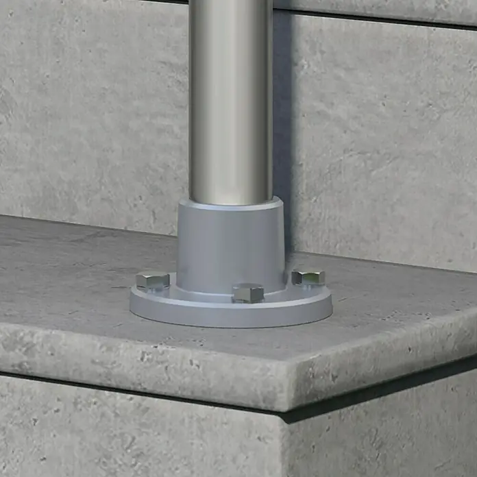 Dolle Geländer-Set PS 070 - Oberbodenmontage, Aluminium, Länge: 115 cm - Detailaufnahme einer silbernen Rohrbefestigung auf einer Betonoberfläche, die Stabilität und industrielle Ästhetik vereint.