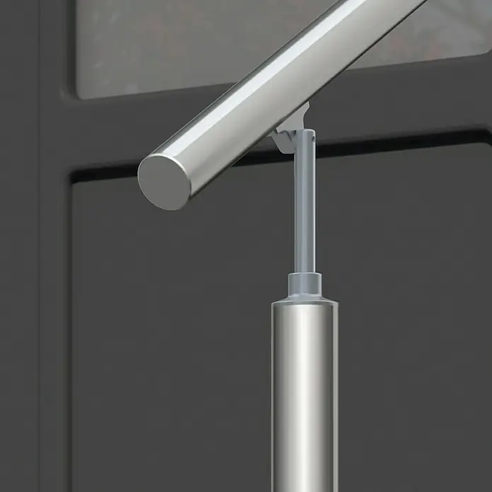 Dolle Geländer-Set PS 070 - Oberbodenmontage, Aluminium, Länge: 115 cm - Nahaufnahme einer modernen, silbernen Treppenhausgeländerbefestigung mit klaren Linien und minimalistischem Design.