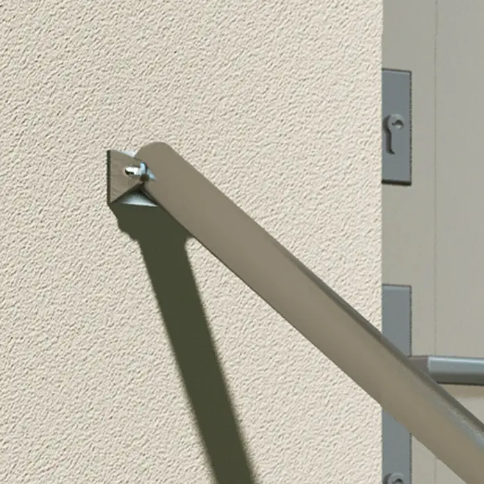 Dolle Geländer-Set PS 511 - Seitenmontage, Edelstahl V2A, Länge: 150 cm - Nahaufnahme eines Metallgeländers, das an einer strukturierten Wand befestigt ist und Schatten wirft, mit einem Teil einer Tür im Hintergrund.