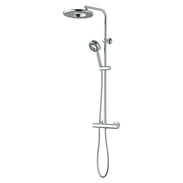 Rousseau Sistema de ducha Hoop - Con grifo termostático, Distancia entre orificios: 15 cm, Número de tipos de chorro: 1 ud., Cromo - Columna de ducha con rociador y teleducha. Diseño elegante para un baño moderno, acabado cromado.