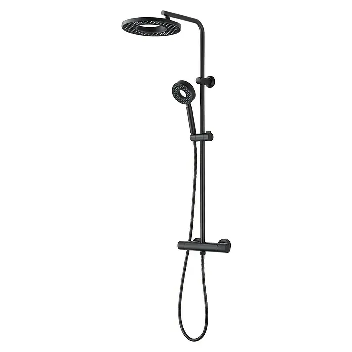 Rousseau Sistema de ducha Hoop - Con grifo termostático, Distancia entre orificios: 15 cm, Número de tipos de chorro: 1 ud., Negro - Columna de ducha negra con rociador redondo y teleducha con manguera. Ideal para baños modernos, combina diseño elegante y alta funcionalidad.