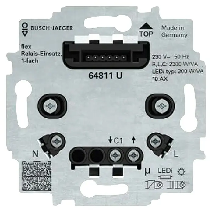 Busch-Jaeger Bewegungsmelderaufsatz für Bewegungsmelder 2CKA006800A3041 - Silber, Unterputzmontage - Abbildung eines Busch-Jaeger 64811 U Relais-Einsatzes, ein elektronisches Bauteil, das in Deutschland hergestellt wurde und mit diversen Anschlüssen versehen ist.
