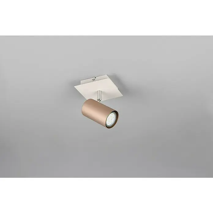 Trio Leuchten Marley Wandstrahler - 25 W, L x B x H: 12 x 12 x 15 cm, Coffee, GU10 - Deckenleuchte mit einem runden, roségoldenen Scheinwerferkopf und einer quadratischen, weißen Deckenhalterung für moderne Beleuchtung.