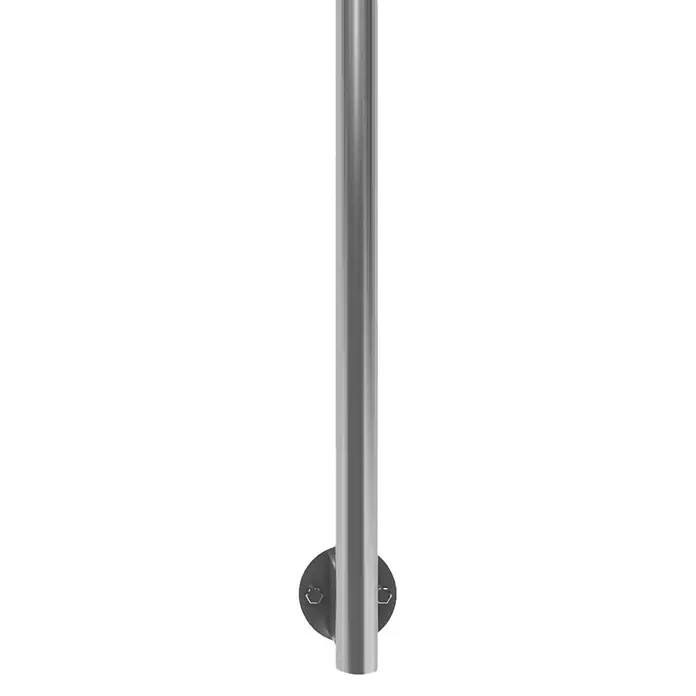 Dolle Geländer-Set PS 513 - Seitenmontage, Edelstahl V2A, Länge: 150 cm - Ein vertikaler, silberner Stangen-Handlauf mit einer runden Montageplatte unten, ideal für Badezimmer oder ähnliche Einrichtungen zur Unterstützung.