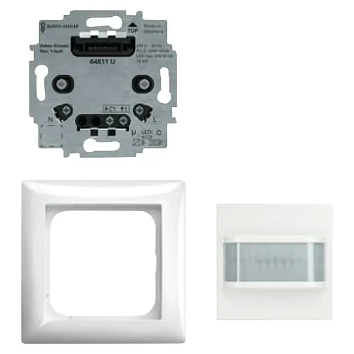 Busch-Jaeger Balance SI Schalterprogramm-Set mit Bewegungsmelderaufsatz, Relais-Einsatz und Abdeckrahmen - Reinweis - Ein Busch-Jaeger 64811 U Dimmer-Einsatz, eine Abdeckung und ein Bewegungsmelder für ein intelligentes Zuhause.