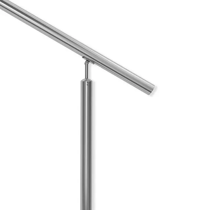 Dolle Geländer-Set PS 513 - Seitenmontage, Edelstahl V2A, Länge: 150 cm - Ein Detailblick auf eine moderne Treppengeländerkonstruktion aus gebürstetem Edelstahl, bestehend aus Handlauf und Stützpfosten.