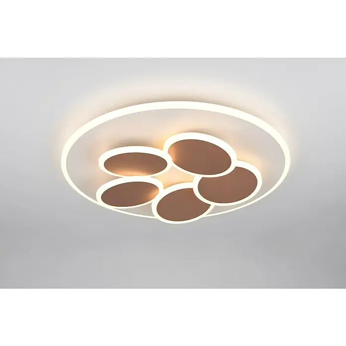 Trio Leuchten LED-Deckenleuchte rund - 35 W, Ø x H: 49 x 7,5 cm, Warm grey, Warmweiß - Eine moderne Deckenleuchte mit einem runden Design und mehreren kreisförmigen Elementen, die ein warmes Licht ausstrahlen.