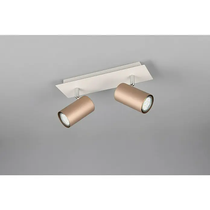 Trio Leuchten Marley Deckenstrahler - 35 W, L x B x H: 9 x 30 x 15 cm, Coffee, GU10 - Nahaufnahme einer Deckenleuchte mit zwei goldenen Strahlern, die an einer weißen Montageplatte befestigt sind.